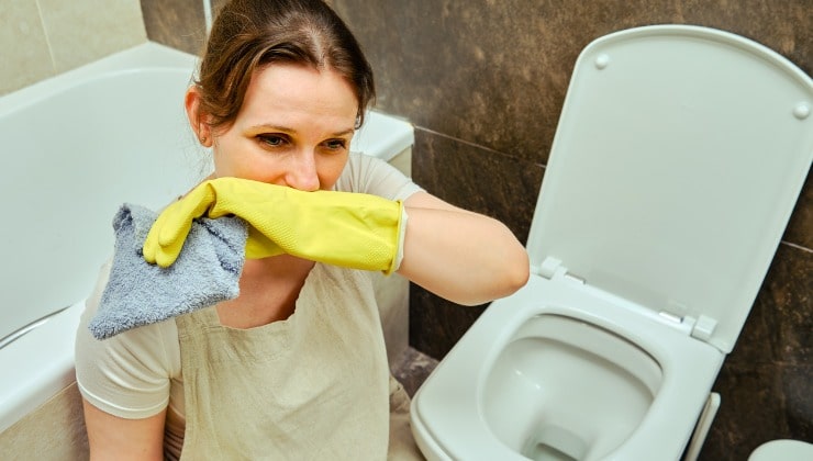 Une femme nettoie des toilettes malodorantes