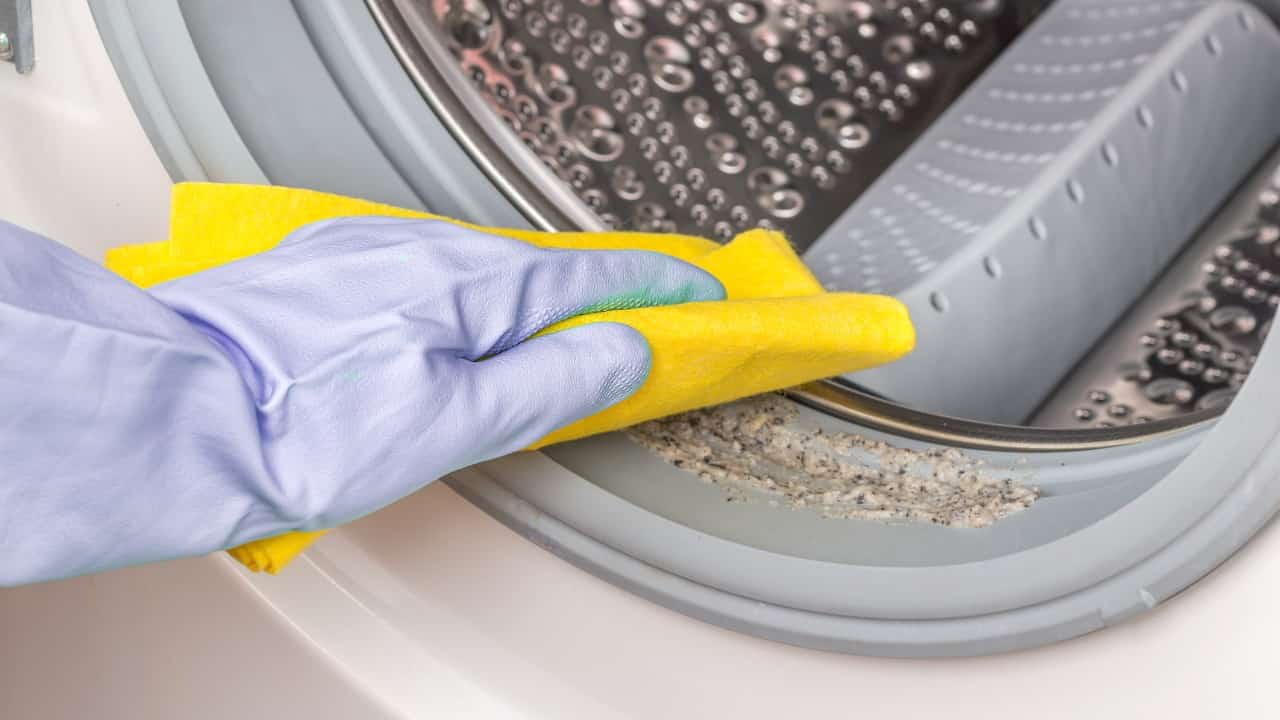Donna pulisce la lavatrice sporca