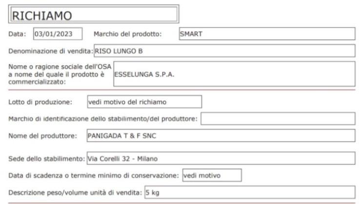 Richiamo alimentare del Ministero della Salute -