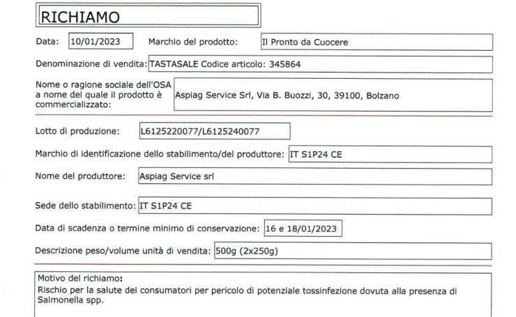 Scheda richiamo del Ministero 